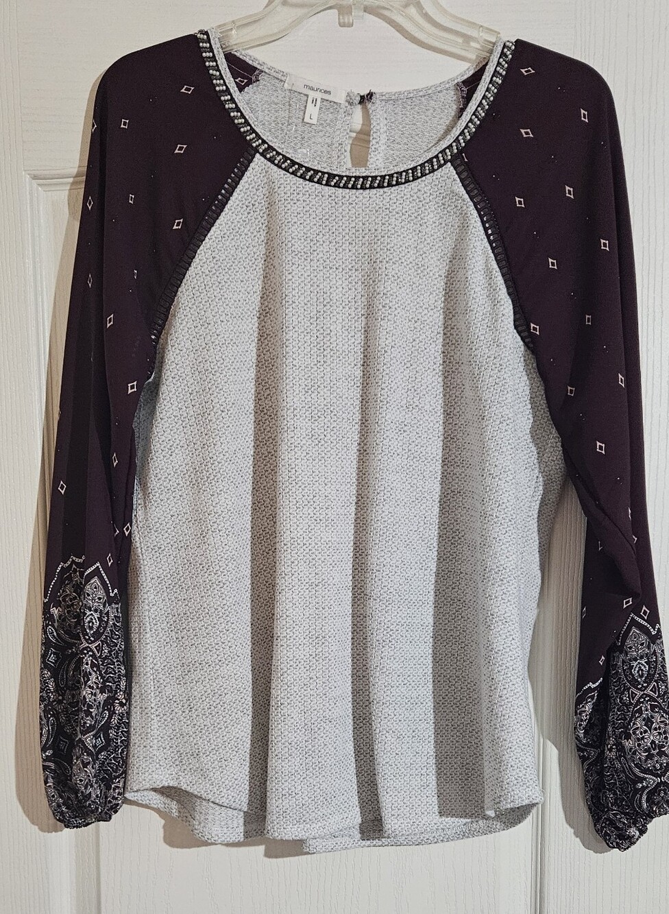 Maurices Gray Knit Front Top with Dark Purple Printed Raglan Sleeves
